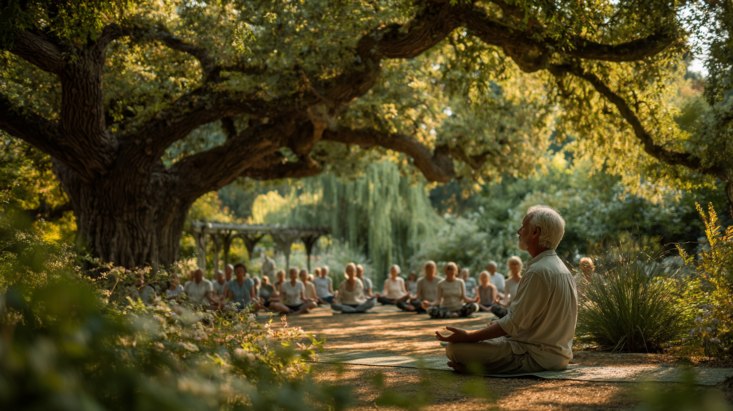 Persoane mature practicând yoga în parc